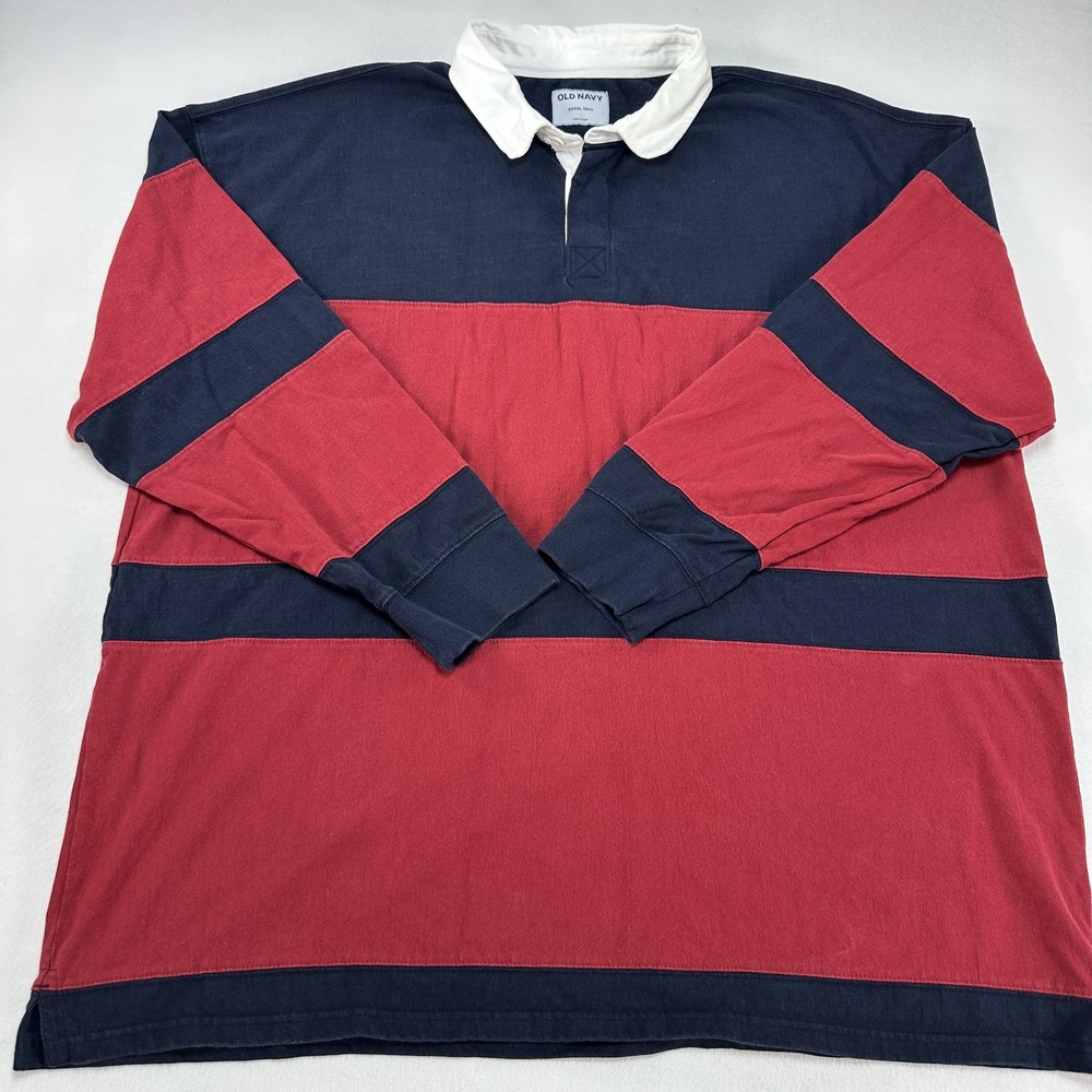 Old Navy Rugby Polo Shirt Mens 4XLT Red Navy Stripe Long Sleeve Cotton Casual